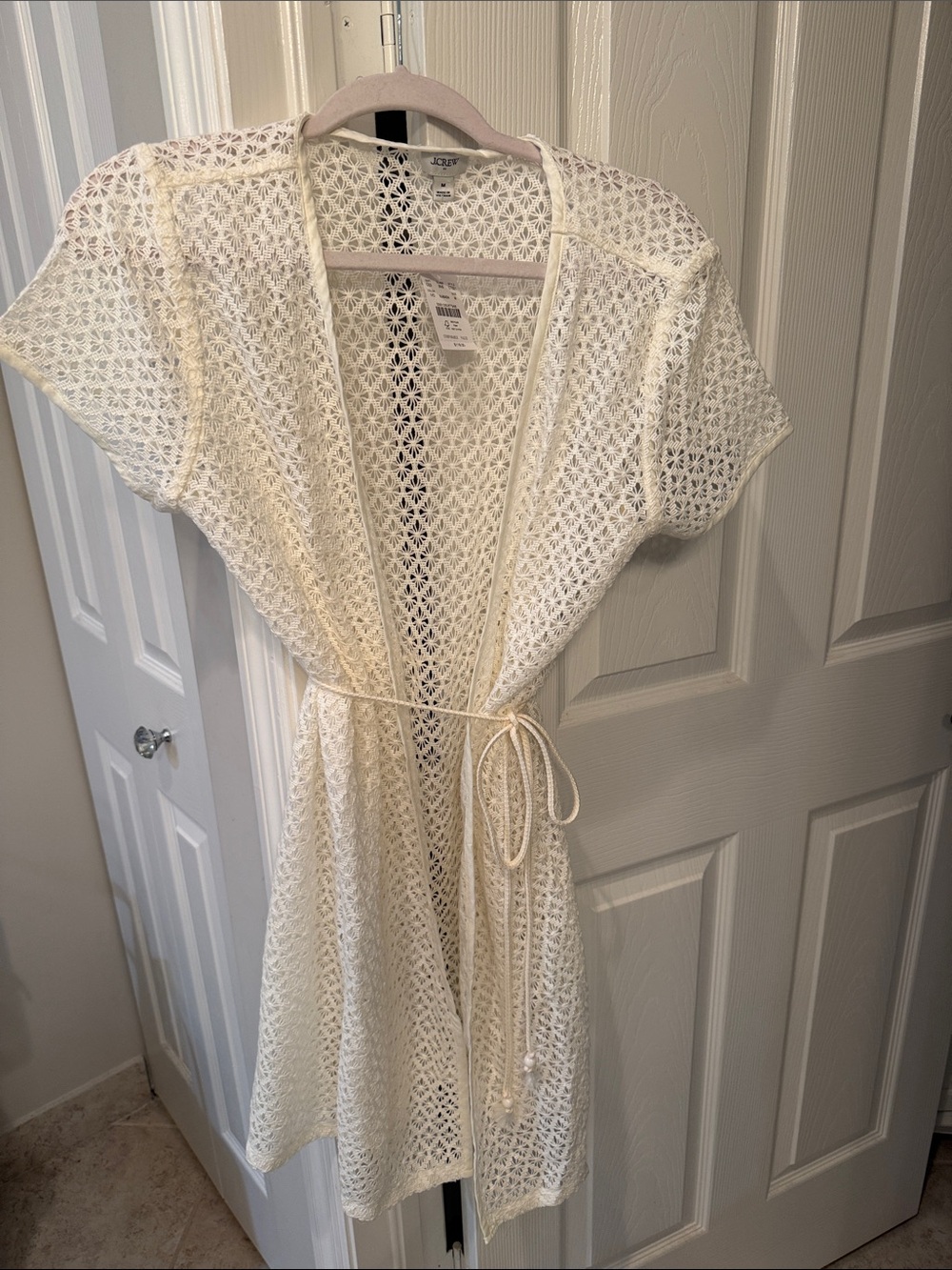 J. Crew Ivory Crochet Tie-Waist Open Front Cover-Up